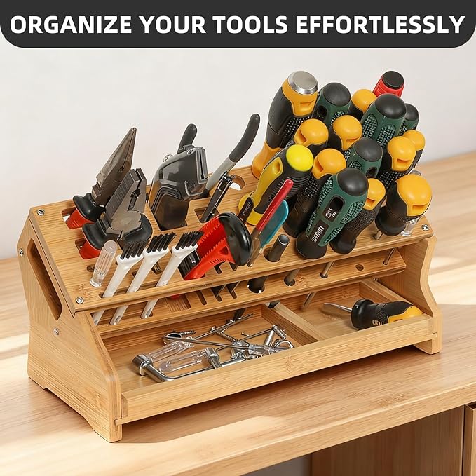 Bamboo Screwdriver Organizer - Tool Storage Organizer Workbench Desktop Rack - Hand Piler Tools Storage Holder (Bamboo, 1)