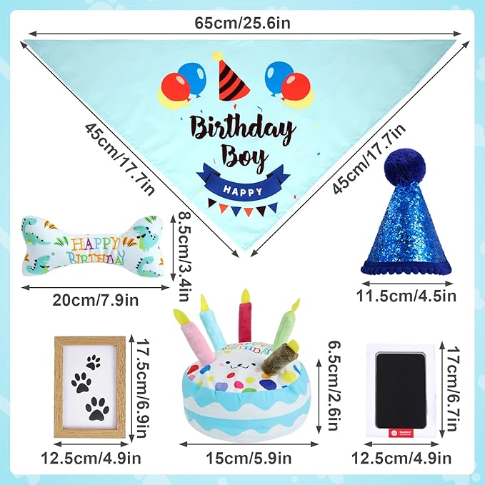 Dog Birthday Toy Set, Dog Squeaky Toys, Includes Squeaky Cake Toy, Plush Bones, Birthday Hats, Bandana, Paw Print Kit & Photo Frame. Pet Gift Supplies, Blue