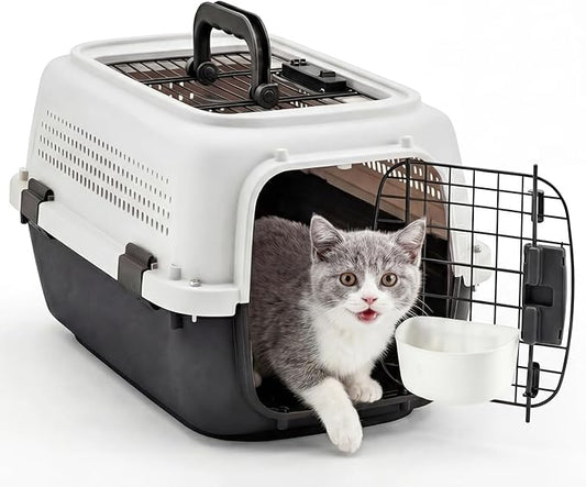 NEWBULIG 23" Hard-Sided Dog Carrier, Plastic Cat & Dog Crate, 4-Sided Ventilation Travel Pet Kennel, Top & Front Door Access, Integrated Food Bowl, for Small Pets up to 22 lbs, White & Black