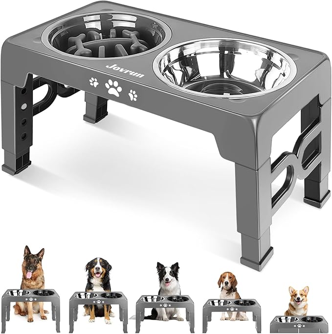 Jovrun Elevated Dog Bowls, Dog Feeder with Stainless Steel Dishes & Slow Feeder Bowl, 5 Heights Adjustable Raised Stand for Medium Large, Food Dishes with Non-Slip Feet