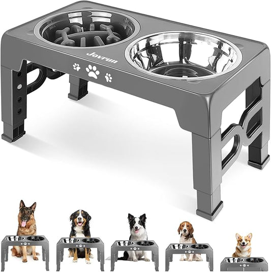 Jovrun Elevated Dog Bowls, Dog Feeder with Stainless Steel Dishes & Slow Feeder Bowl, 5 Heights Adjustable Raised Stand for Medium Large, Food Dishes with Non-Slip Feet