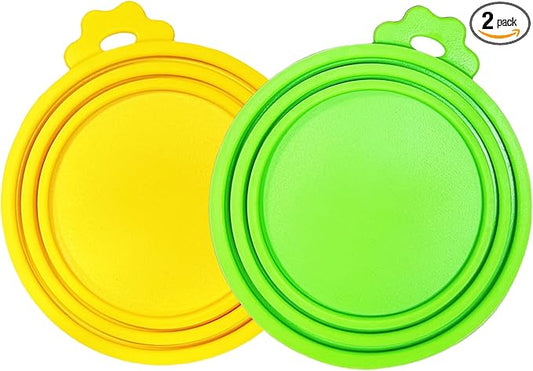 MoPawKT- Silicone Cat/Dog Food Can Covers Lids, Universal 3 Sizes Fit for 3oz, 5.5oz, 6.5oz, 13oz, 13.2oz Pet Food Cans, BPA Free, Reusable (box set of 2 lids in Green & Yellow)