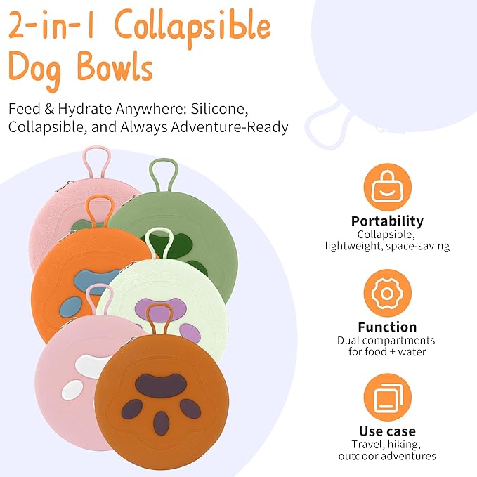 Collapsible Dog Bowls, 2-in-1 Pet Portable Travel Double Bowl Water Food Feeder Traveling Camping & Walking 25oz Light Yellow