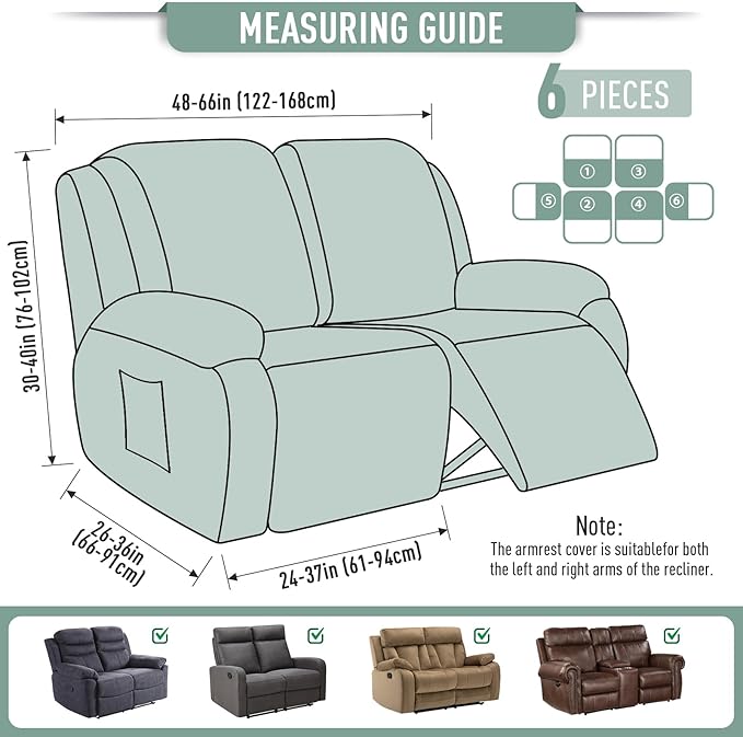 TAOCOCO Recliner Loveseat Slipcover, 6 Pieces Dual Recliner Sofa Covers for 2 Seat Dual Reclining Loveseat Couch, Stretch Soft Jacquard Pattern Furniture Protector with Elasticity (Sage Green)