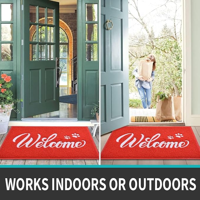 T.HENV Welcome Mat - Outdoor, 36x24 Waterproof All-Season Door Mat, All-Weather Quick Drying, Low Profile, Red-White