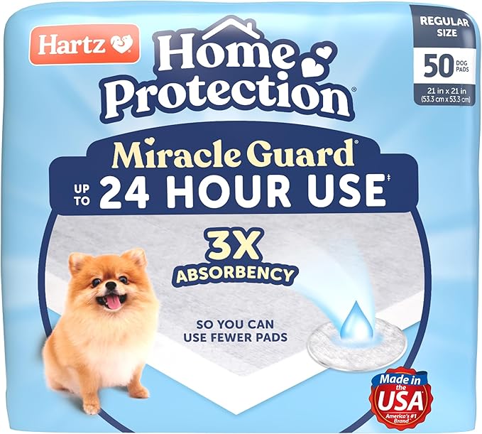 New! Hartz Home Protection Miracle Guard Dog Pads, Regular Size 50 Count, 3X Absorbency & 3X Longer use, Won't Leak and Odor Eliminating
