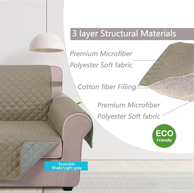 U-NICE HOME 4 Seater Sofa Cover 91 Inch Large Couch Covers for 4 Cushion Couch with Elastic Straps Water Resistant Furniture Protector for Pets (Sofa XX-Large, Khaki/Light Grey)