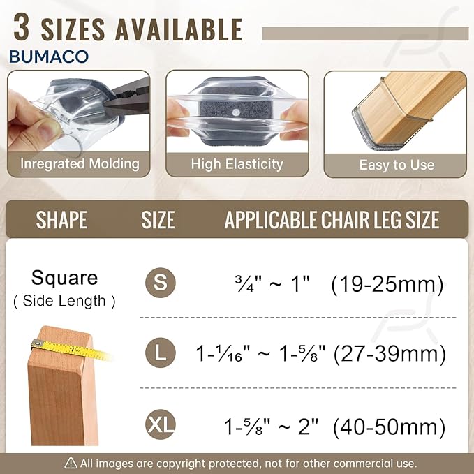 BUMACO Chair Leg Floor Protectors Square Chair Leg Protectors for Hardwood Floors Silicone Pads Covers to Protect Floors Clear-20 Pcs Square XL (1-5/8" to 2")