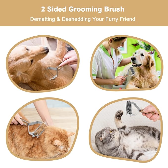 Undercoat Rake for Dogs - Dual-Sided Deshedding Blade, Wooden Handle, Professional Pet Grooming Tool with Matting Remover & Shedding Control for Double Coat Dogs & Long-Haired Cats, Large