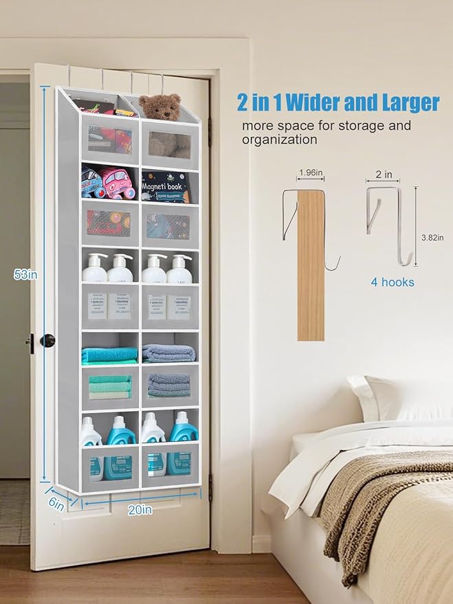 Over the Door Organizer Hanging- 10 Compartments, 80 lbs Load Behind Door Stuffed Animal Storage, Extra Large Toys Storage Organization for Bedroom, Bathroom, Nursery, Shoes, Diaper (grey)