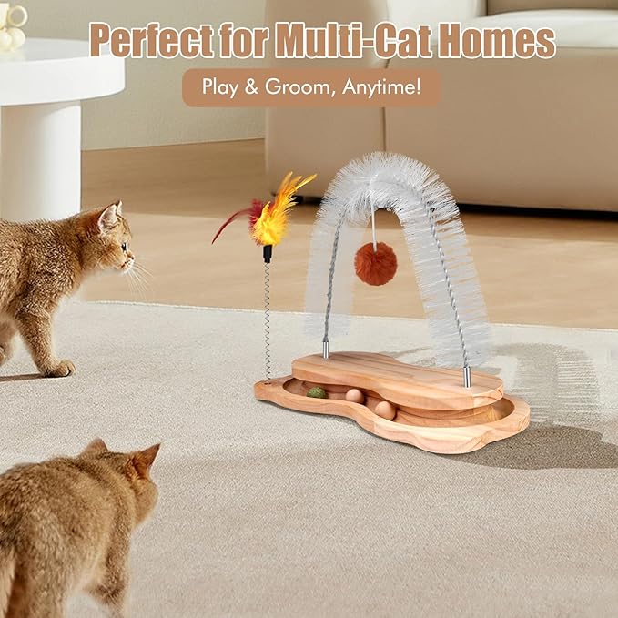 Cat Self Groomer Scratcher, Indoor Cats Rubbing Post Face Back Arch Grooming Massager Brush for Shedding with Kitten Interactive Catnip Ball Track Toy for Chasing Hunting Mental Physical Exercise