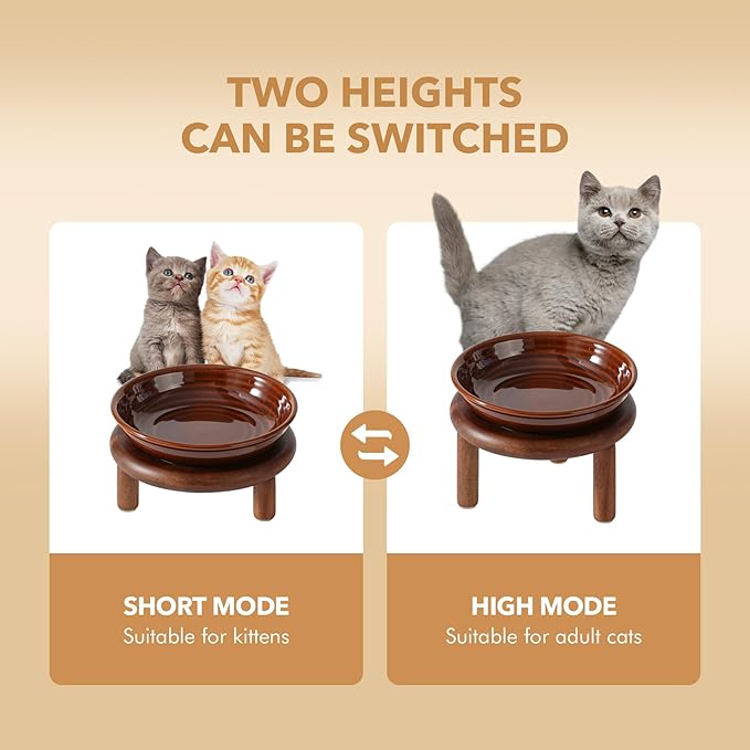 Elevated Ceramic Cat Dish, Wide Whisker Friendly Anti-Slip Food & Water Bowl with 2 Heights Adjustable Acacia Wooden Stand - Pet Bowl Set for Cats (1 Dish + 1 Stand, Caramel Brown)