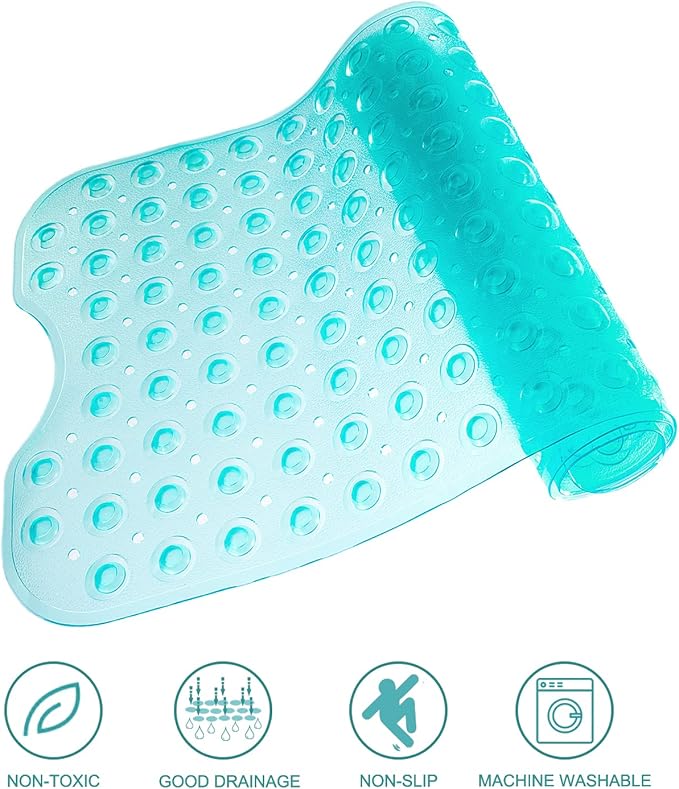 Bathtub Mats for Shower Tub, Extra Long Non-Slip 39 x 16 Inch Bath Mat with Drain Holes and Suction Cups, BathMat for Bathroom with Machine Washable (Clear Turquoise)