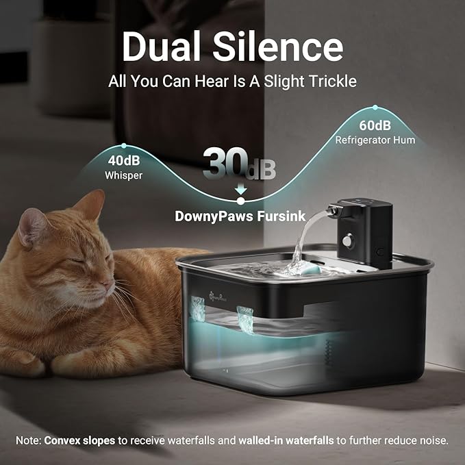 DownyPaws Cat Water Fountain Stainless Steel Cordless, 101 oz/3L FurSink Wireless Cat Water Dispenser for Pets, Battery Operated Pet Drinking Fountain with Motion Sensor, Easy Clean, Black