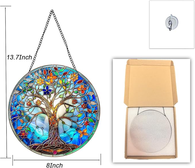 Tree of Life Suncatcher 8 Inch Stained Glass Window Hanging Diamond Chain Hooks – Indoor/Outdoor Wall Art Home Décor -Gift for Women Men Valentine's Day Thanksgiving Ornaments Festival Gifts