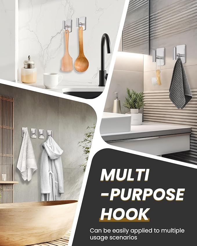 Heavy Duty Adhesive Hooks - 26lb Max, Sticky Wall Hooks Waterproof Stainless Steel for Hanging Towel, Coat, Robe, Towel Hooks Stick on Bathroom, Kitchen, Shower, Door (Silver, 4 Pack)