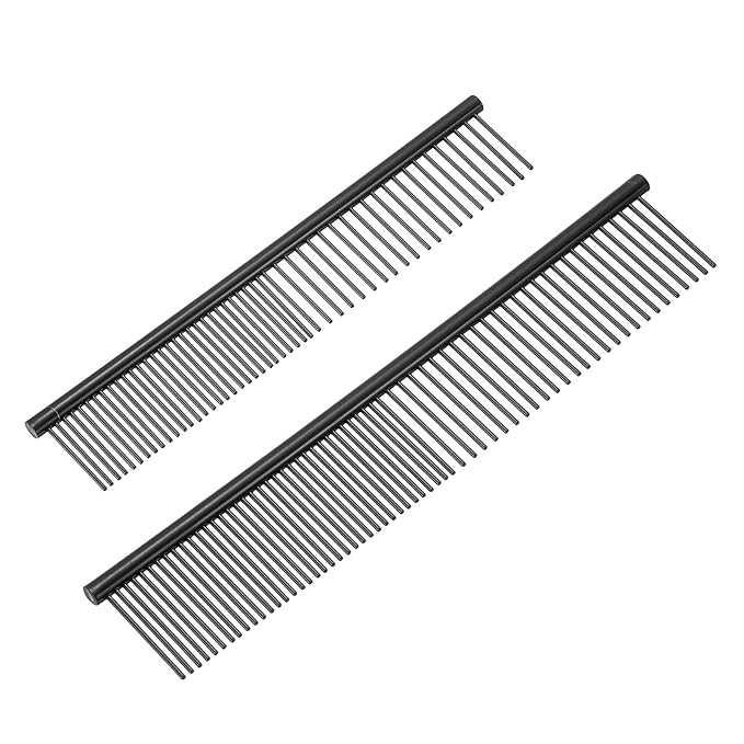PETAXCELL Dog Cat Comb, Pet Combs Stainless Steel Teeth with Rounded Ends for Knots Mats Loose Hair Removal, 6.5/7.5IN (Black Coated, 2 Pack), Grooming Tool Intended for Long Curly Hair Pet