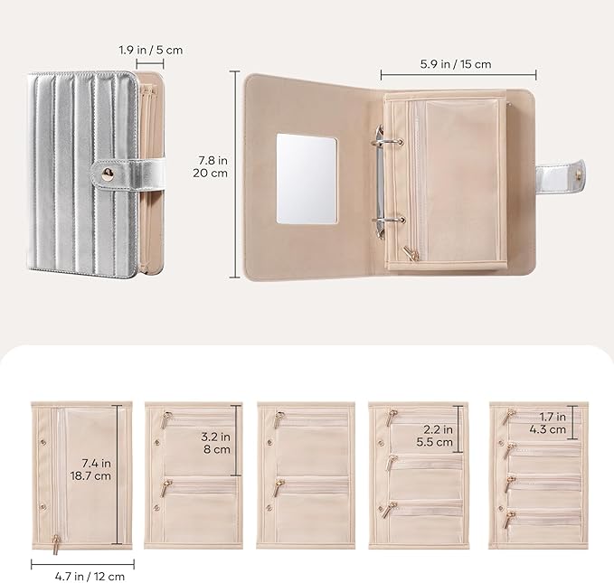 Lolalet Travel Jewelry Organizer Case, Portable Jewlery Storage Book Portfolio Binder with Zipper Velvet Pouch and Built-in Mirror for Women -Silver
