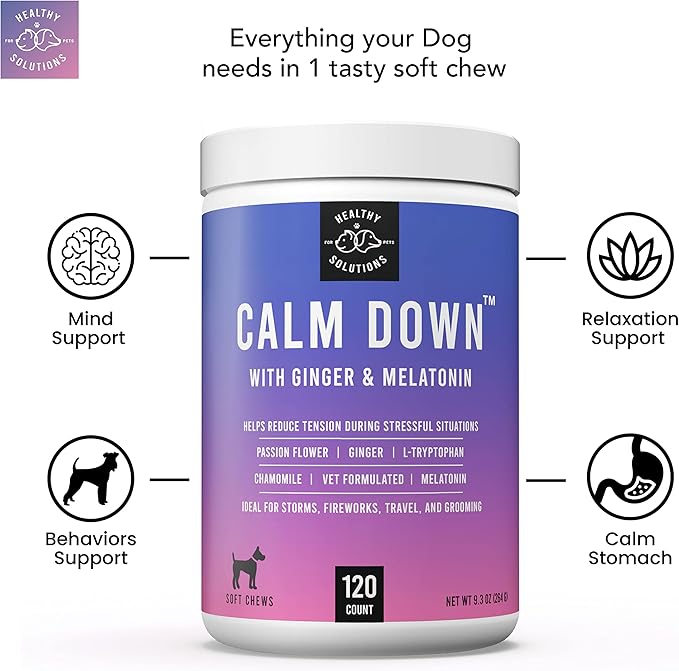 Calming Chews for Dogs - Dog Calming Treats for Anxiety & Stress Relief with Melatonin and Ginger - Aid with Storms, Grooming, Fireworks, Separation, Travel, Motion Sickness, & Sleep - 120 Chews