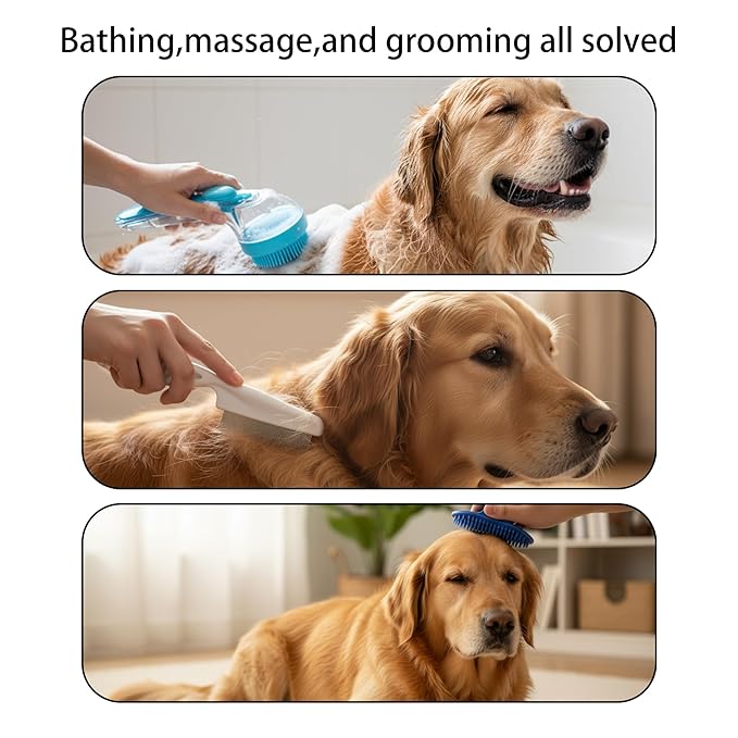 Pet Bath Brush,Dog Grooming Brush,Comes with Pet Grooming Comb and 2 Pcs Cat Scrubbers for Bath,2 in 1 Dog Bath Brush,Scrubber with Built-in Shampoo Dispenser