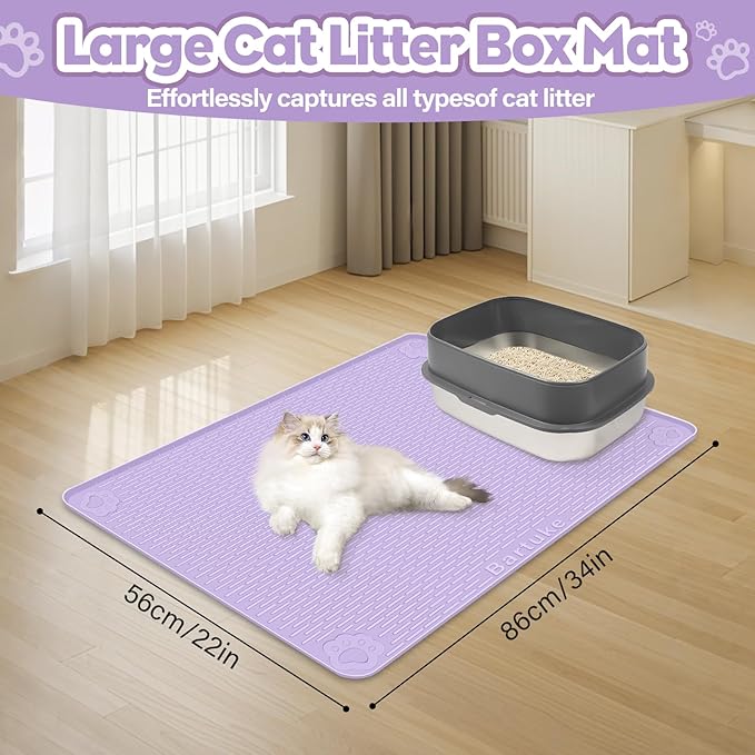 Bartuke Cat Litter Mat, Extra Large 34" x 22" Silicone Mat Litter Trapping Mat for Scatter Control, Soft on Kitty Paws, Easy to Clean (Purple)