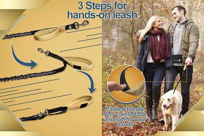 SparklyPets Hands Free Dog Leash for Medium and Large Breeds – Professional Harness with Reflective Stitches for Training, Walking, Jogging and Running Your Pet (Premium Gold Champagne, for 1 Dog)