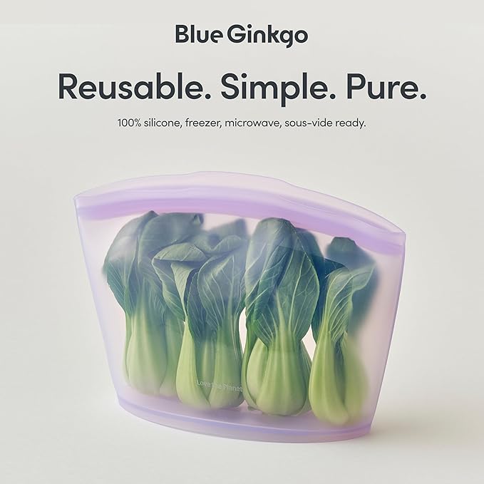 Blue Ginkgo Reusable Silicone Storage Bags – 4-Pack | Korean-Made Stand Up Food, Freezer Bags - Lavender