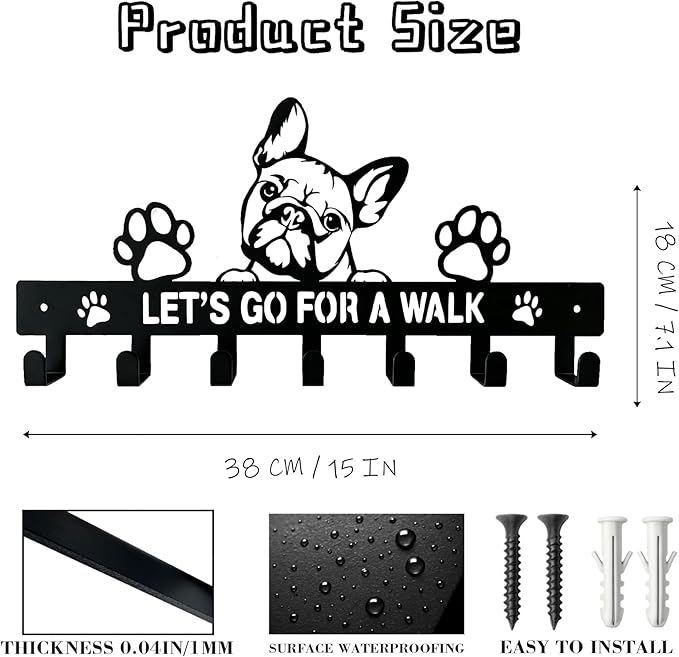 French Bulldog Leash Holder for Wall, Entryway Key Rack, Wall Key Holder & Key Hanger, Black Dog Leash Hooks for Front Door, French Bulldog Decor Accessories Gift, Dog Storage