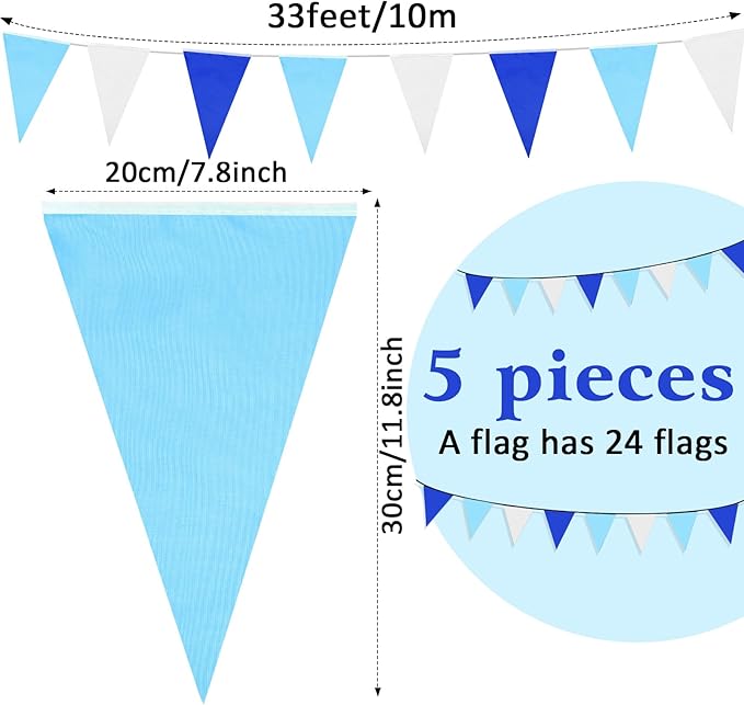 Preboun 164 Feet Pastel Pennant Banner Bunting Pennant Banner Garland 120 Pcs Pastel Triangle Flags on a String for Baby Shower Birthday Graduation Wedding Hanging Decorations(Blue and White)