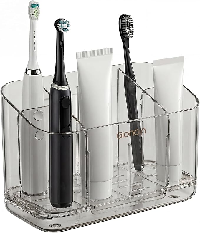 Toothbrush Holder for Bathroom Wall Mounted, 5 Slots Acrylic Toothbrush and Toothpaste Organizer with Removable Dividers Large Capacity Electric Toothbrush Holder for Bathroom Accessories, Smoke Grey