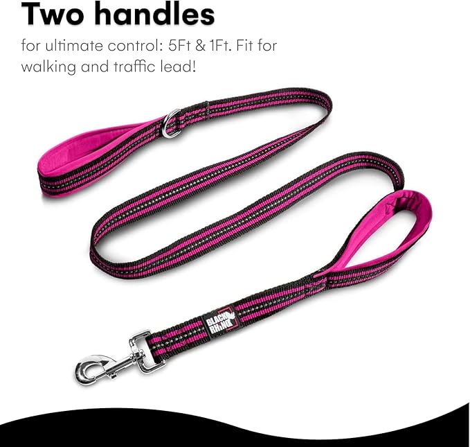 Black Rhino Heavy Duty Dog Leash for Medium and Large Dogs - 5 ft Long Double Handle Dog Leash with Padded Traffic Control Handles - Reflective, Durable, and Weather Resistant (Pink and Black)