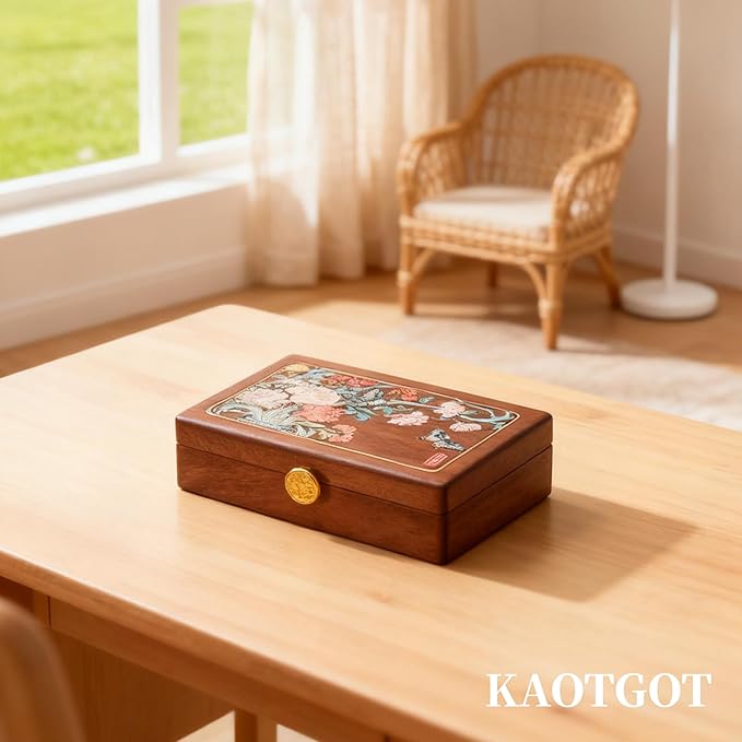 Travel Jewelry Case Small Wood Jewelry Organizer Jewelry Box for Women (Nut-Brown Print E)