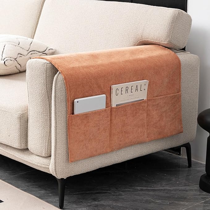 Aelvarion Recliner Chenier Armrest Covers for Living Room Anti-Slip Sofa Arm Protector for Dogs, Cats, Pets Armchair Slipcover for Couch with 3 Pockets for TV Remote Control, Phone, Set of 2 (Orange)