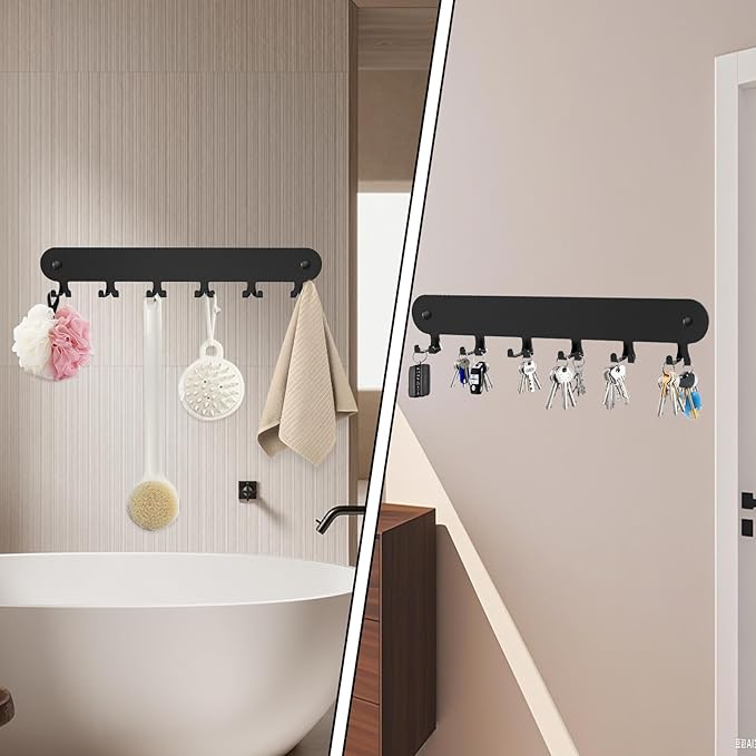 2 Pack Key Holder for Wall,Key Hooks,Key Holder Wall Mount Self Adhesive, Key Rack Wall Mount for Wall No Drill for Living Room, Kitchen, Bathroom, Garage (Black, 12 Hooks)