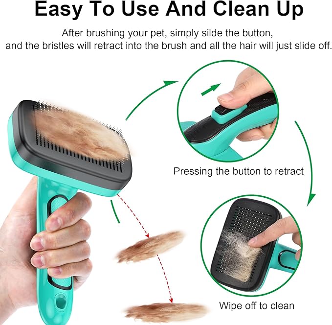 Self Cleaning Slicker Brush for Dog and Cat - Skin Friendly Shedding & Grooming Tool for Long and Short Haired Pets,Easy Clean Retractable Bristles,Green