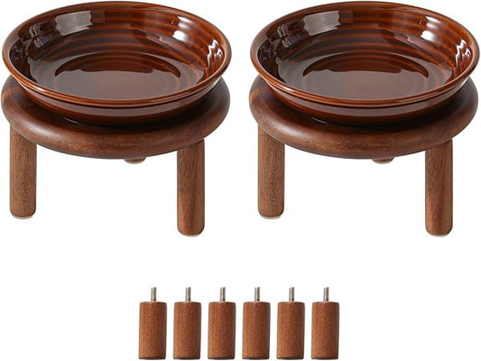 2 Sets of Elevated Ceramic Cat Dish, Wide Whisker Friendly Anti-Slip Food & Water Bowl with 2 Heights Adjustable Acacia Wooden Stands(2 Dishes +2 Stands, Caramel Brown)