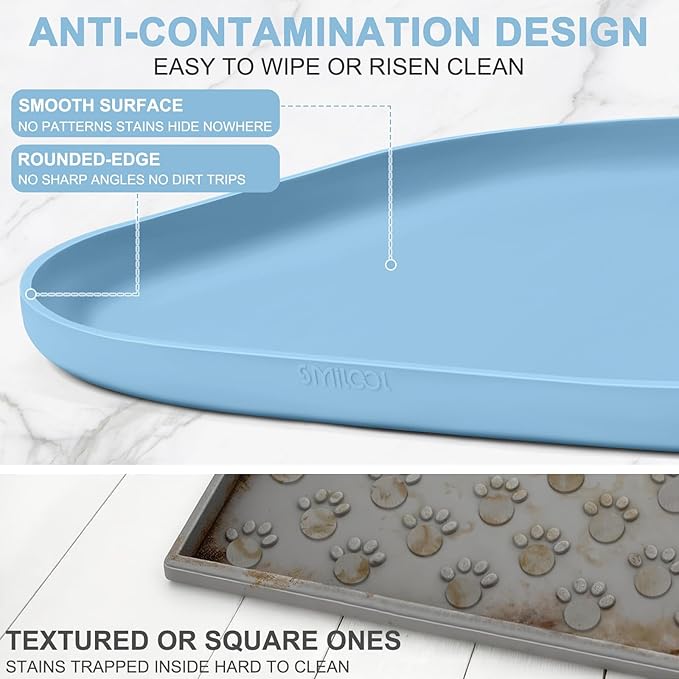 Silicone Pet Food Mat with Raised Edge for Food and Water Bowl, Dog Feeding Mats, Cat Food Trays for Floor Waterproof, Rubber Tray for Dogs and Cats, 22 x 14 x 0.8 Light Blue