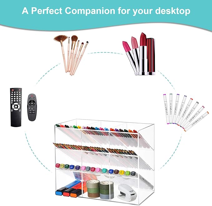 Marbrasse Clear Pen Organizer Storage, Acrylic Desk Organizer with 12 Compartments, Pen Holder for Desk, Desktop Art Organizer for Office School Art Supplies