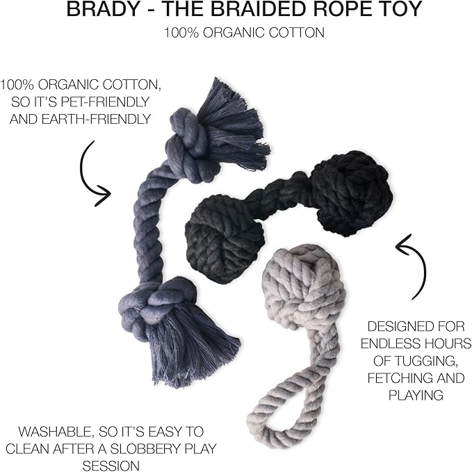 Pet Passion Brady The Rope Tug Toy 3-Pack Organic Cotton Dog Rope Pull Toys for All Pet Breeds, Gray Ombre, One Size