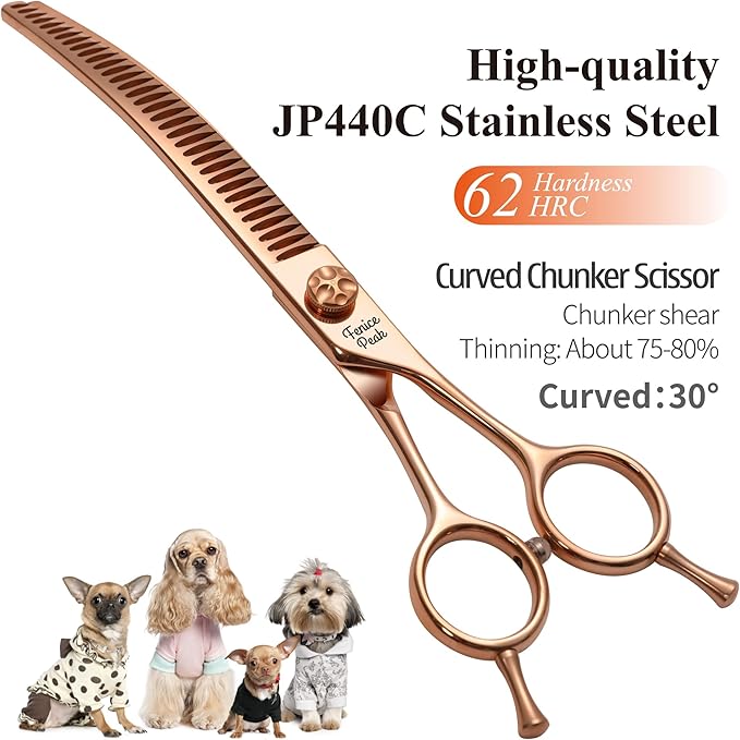 Fenice Peak Professional Dog Grooming Scissors Pet Curved Chunker Shears 7.0'' Extremely Sharp Blades 440C Steel Thinning Scissors Durable Smooth Motion & Fine Cut for Dogs and Cats