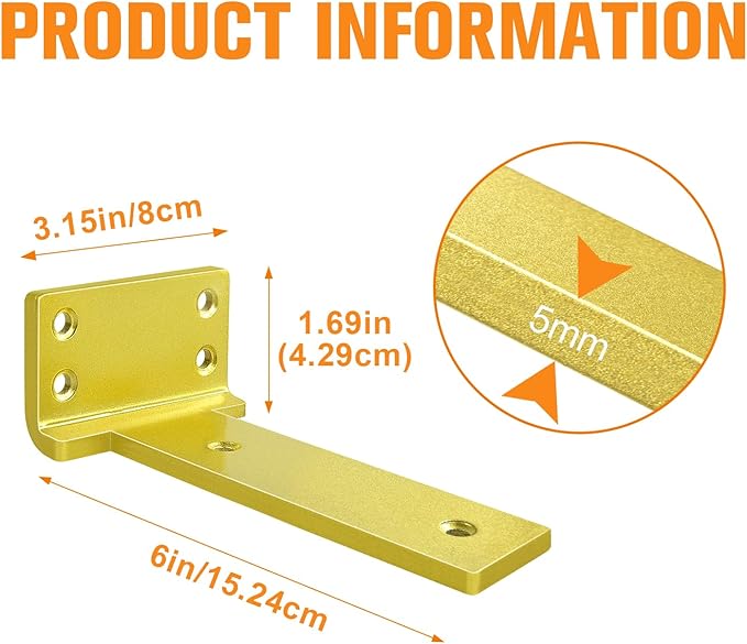 Floating Shelf Brackets 6 inch 6 Pack L Brackets for Shelves Gold Metal Heavy Duty Shelf Bracket for DIY Decorative with Mounting Hardware