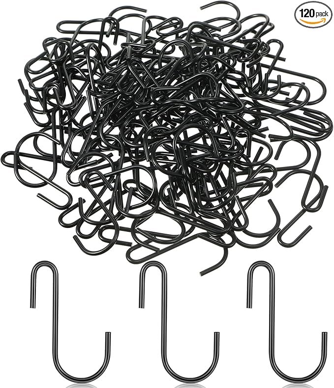 Sratte 120 Pieces Small S Hooks for Hanging Heavy Duty Mini S Shaped Metal Hook Hanger Ornament Storage Hooks for Plants DIY Craft Hanging Pot Jewelry Key Chain Tags Kitchenware(Black, 2.4 Inch)