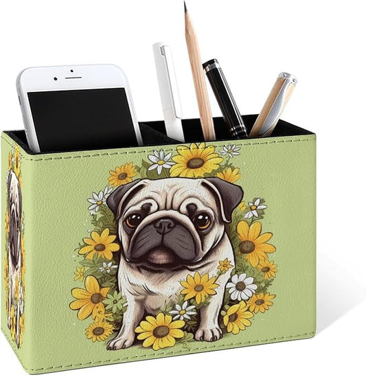 Famame Pug Dog Daisies Pencil Holder for Desk, Leather Desktop Container Pen Cup Storage Study Table Pen Organizer Makeup Brush Holder for Classroom Office Home