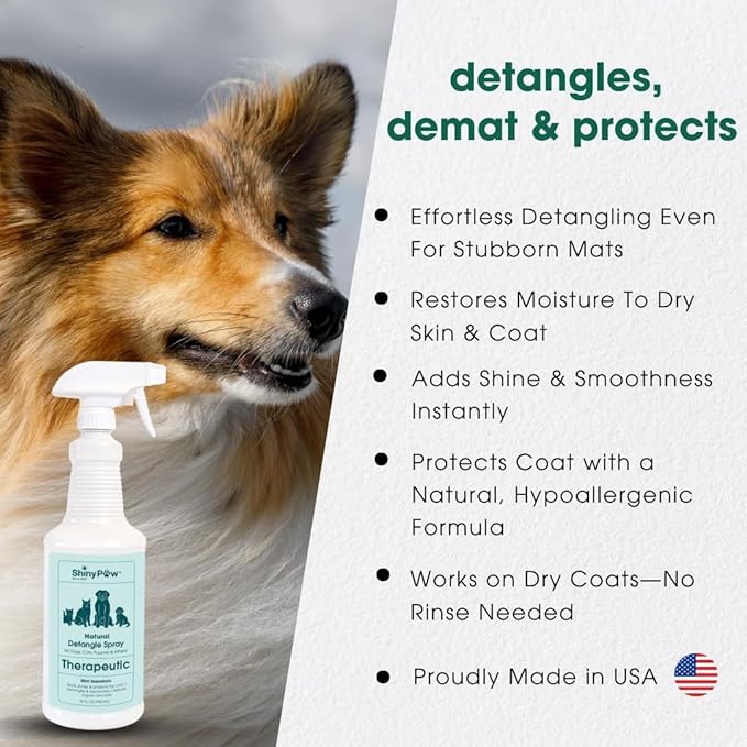 Pet Detangler Spray for Dogs & Cats 32 oz by Shiny Paw | Mint Essentials Detangler Spray | Hypoallergenic Dogs Detangler | Shines & Restores Coat | Made in The USA