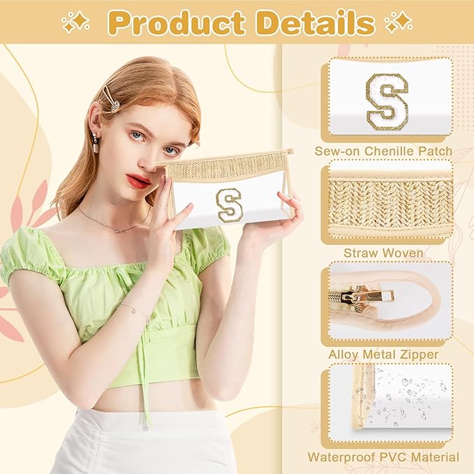 Personalized Initial Letter Bag Boho Straw Clear Makeup Bag,Small Cute Chenille Varsity Letter Bag With Zipper,Beach Travel Toiletry Bag,Portable Monogrammed Cosmetic Bag for Women Girls,S