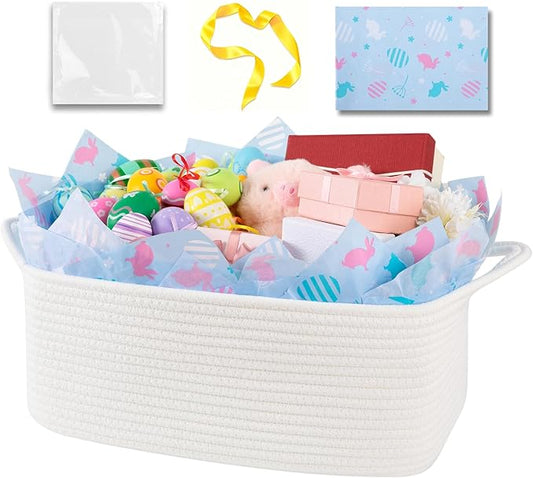 OIAHOMY 19L Woven Basket, Gift Basket Empty with Gift Bags Ribbons and Wrap Tissue Paper, Rope Baskets for Baby Showers, Storage Baskets with Handles for Nursery Pet Toy Organizer - Easter White