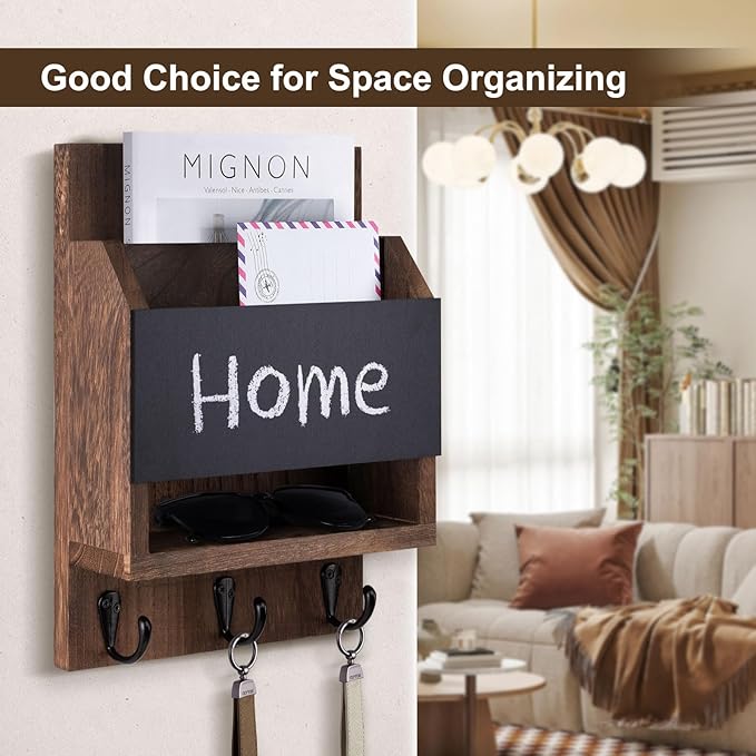Key and Mail Holder for Wall, Key Holder with Chalkboard and Long Storage Box, Key Hanger with 3 Sturdy Hooks for Coat, Dog Leash, Entryway Mail Organizer (Brown)