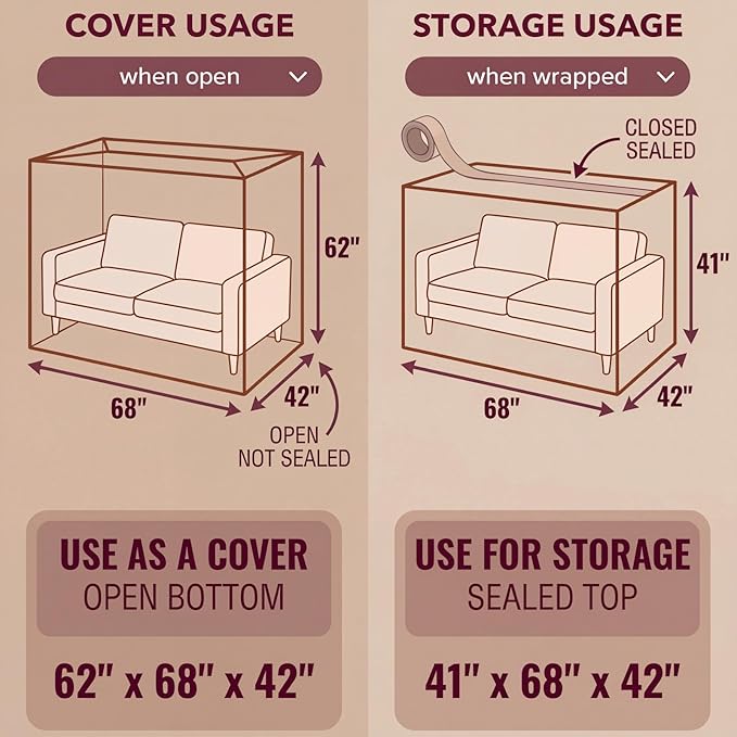 Wowfit Furniture Cover Dust-Proof Moving Bag for Loveseat, Sofa & Boxes – Clear, Odorless Plastic - 4mil-Thick – 68.1W x 42D x 62/41H Inches