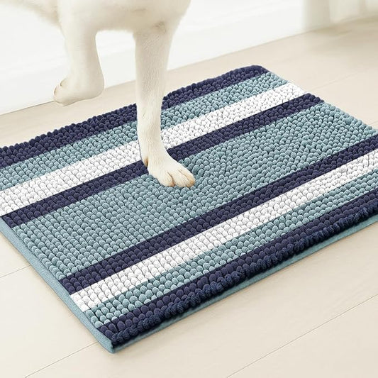 Muddy Mat® Super Absorbent Chenille Dog Door Mat for Muddy Paws – Non-Slip, Machine Washable Indoor Entry Rug, Quick-Dry Pet Mat for Entryway – Ocean Stripes 19"x30"