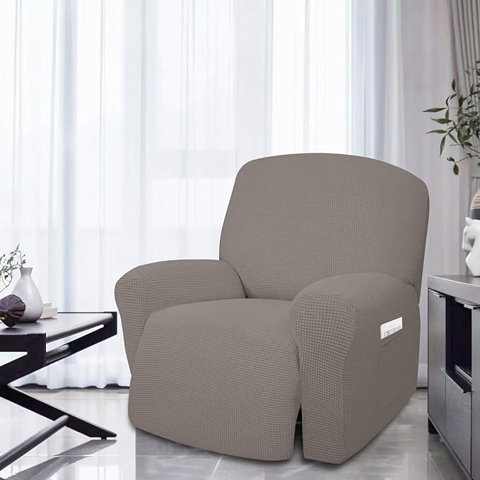 Easy-Going 4 Pieces Oversized Recliner Stretch Sofa Slipcover Sofa Cover Furniture Protector Couch Soft with Elastic Bottom Polyester Spandex Jacquard Fabric Small Checks Taupe,X-Large